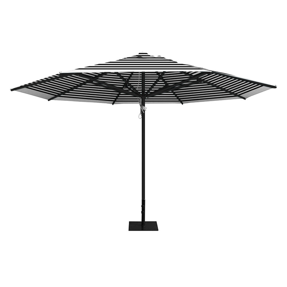 Black stripe 13' saville octagonal outdoor umbrella featuring a black frame and 26lb steel base by Extreme Canopy