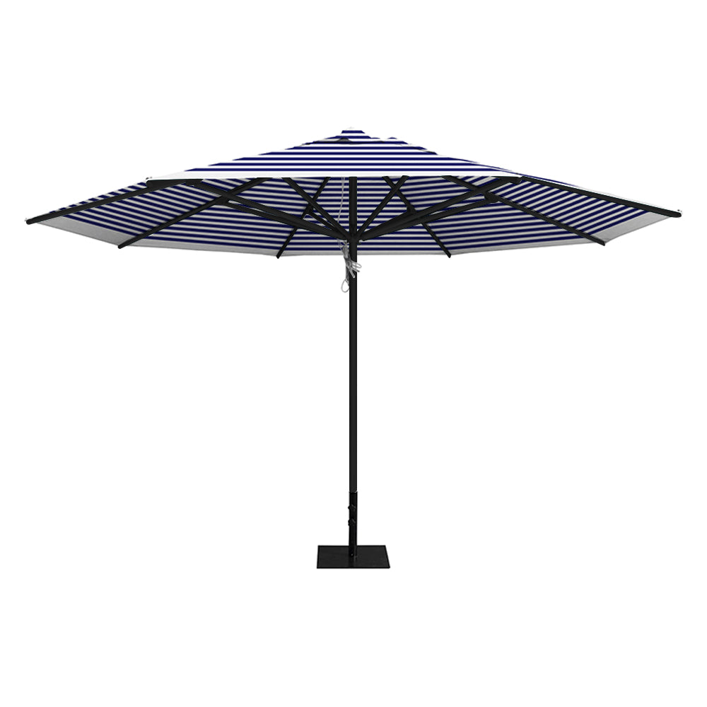 Blue Stripe 13' saville octagonal outdoor umbrella featuring a black frame and 26lb steel base by Extreme Canopy