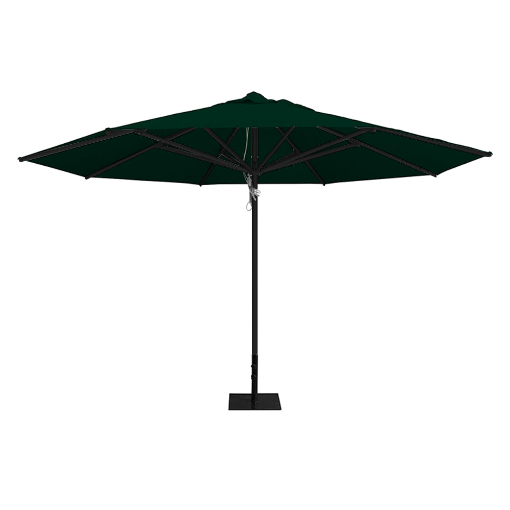 Forest 13' saville octagonal outdoor umbrella featuring a black frame and 26lb steel base by Extreme Canopy