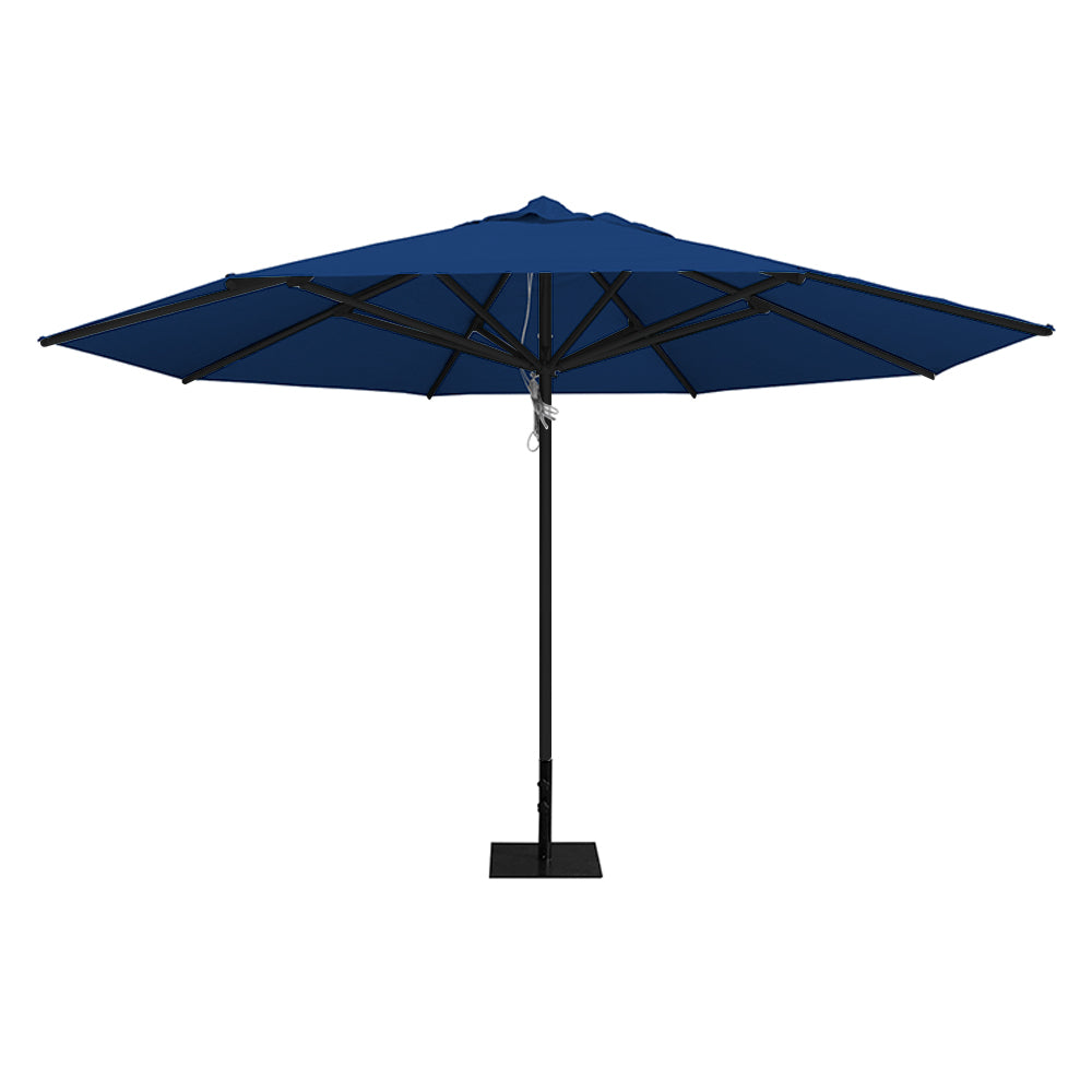 Pacific blue 13' saville octagonal outdoor umbrella featuring a black frame and 26lb steel base by Extreme Canopy