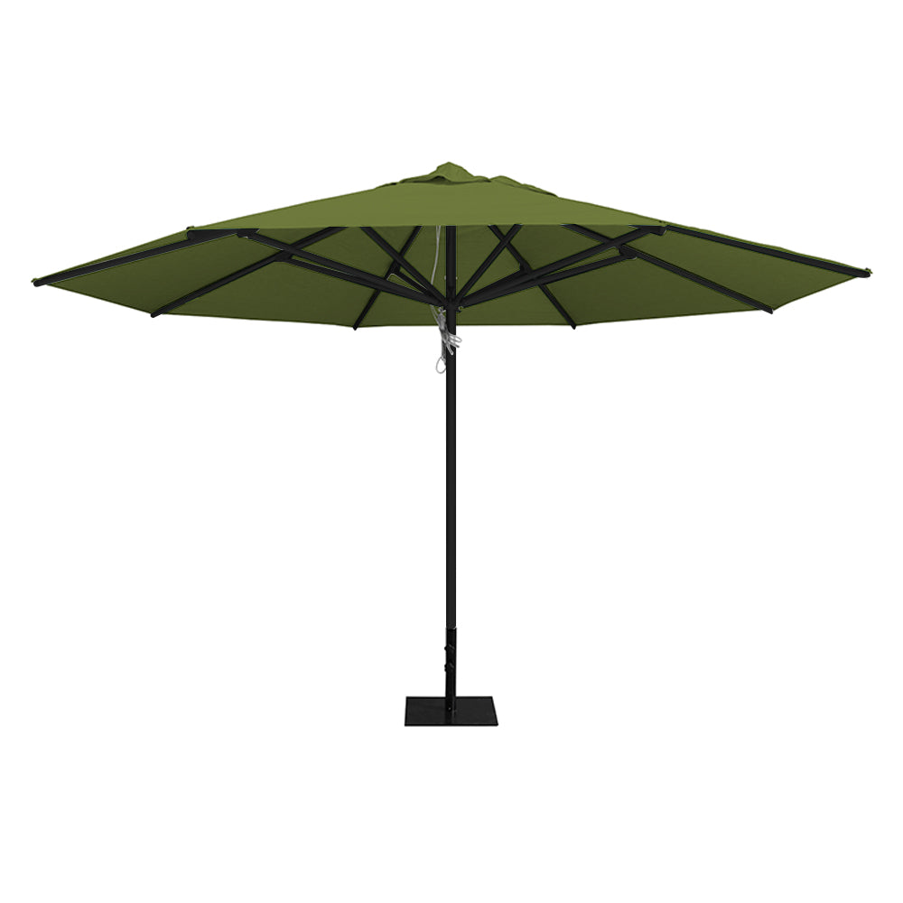 Pistachio 13' saville octagonal outdoor umbrella featuring a black frame and 26lb steel base by Extreme Canopy