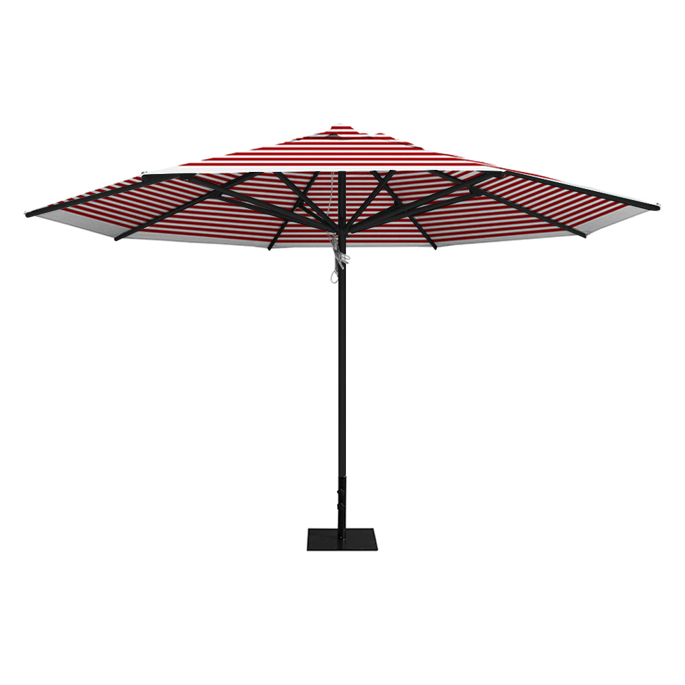 Red stripe 13' saville octagonal outdoor umbrella featuring a black frame and 26lb steel base by Extreme Canopy