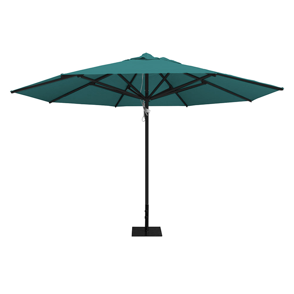 Turquiose 13' saville octagonal outdoor umbrella featuring a black frame and 26lb steel base by Extreme Canopy