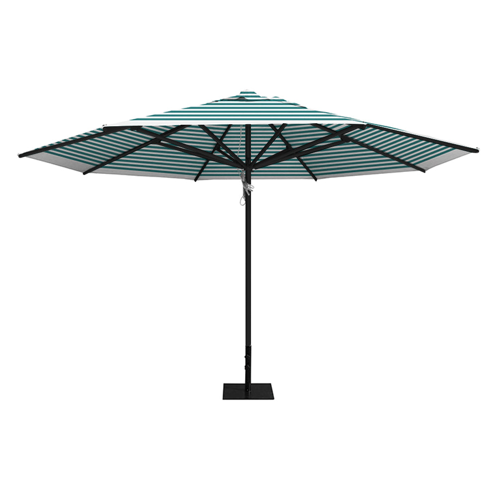 Turquoise stripe 13' saville octagonal outdoor umbrella featuring a black frame and 26lb steel base by Extreme Canopy