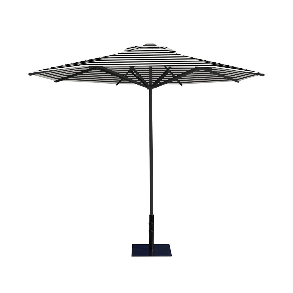 10' Saville octagonal umbrella by Extreme Canopy with black stripe canopy, black frame, and 26lb steel base