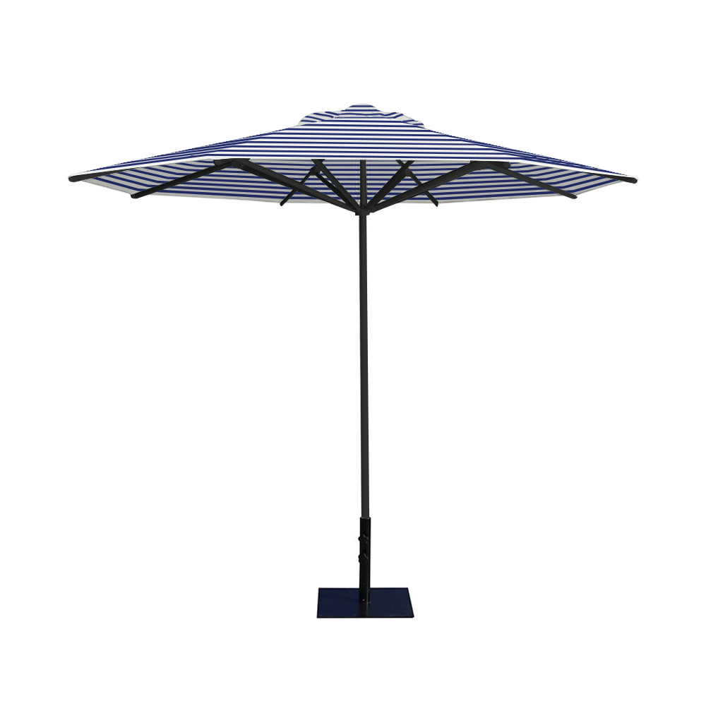 10' Saville octagonal umbrella by Extreme Canopy with blue stripe canopy, black frame, and 26lb steel base