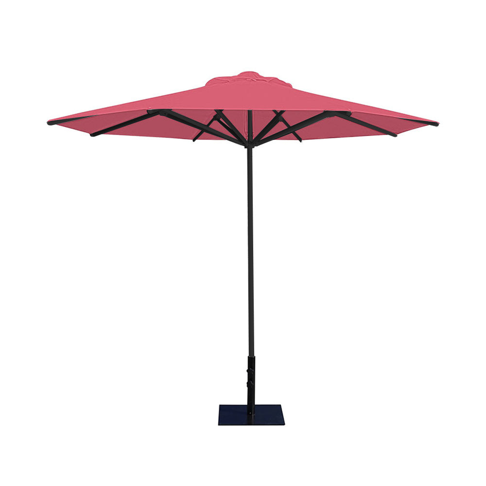 10' Saville octagonal umbrella by Extreme Canopy with coral canopy, black frame, and 26lb steel base