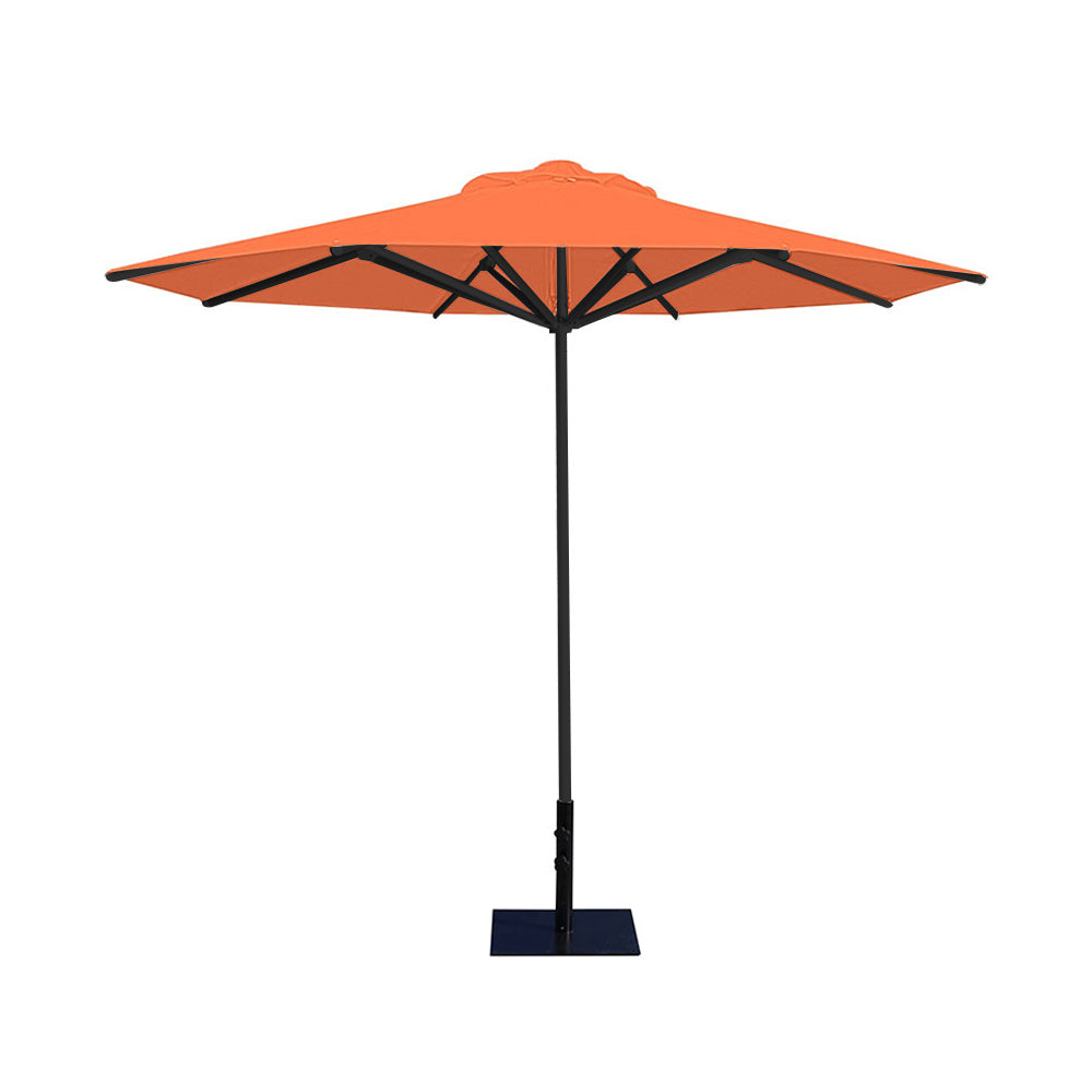 10' Saville octagonal umbrella by Extreme Canopy with orange canopy, black frame, and 26lb steel base