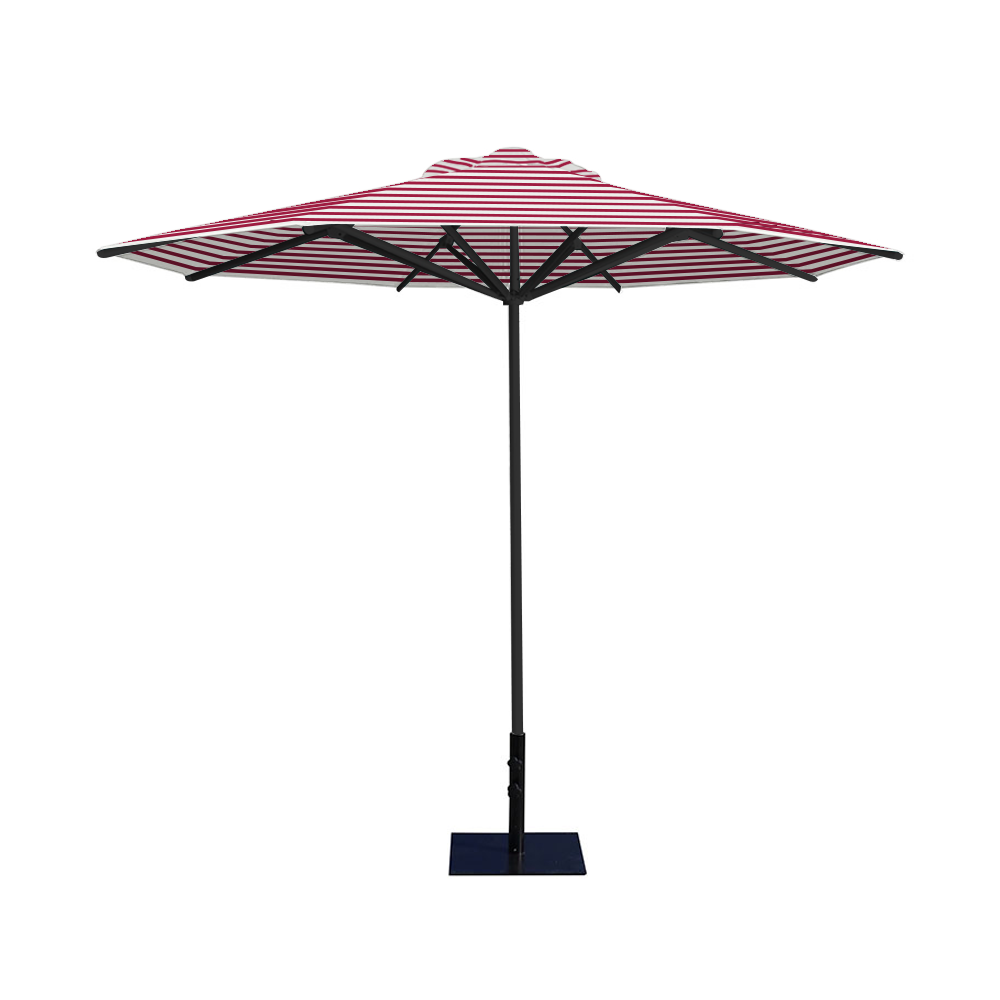 10' Saville octagonal umbrella by Extreme Canopy with red stripe canopy, black frame, and 26lb steel base