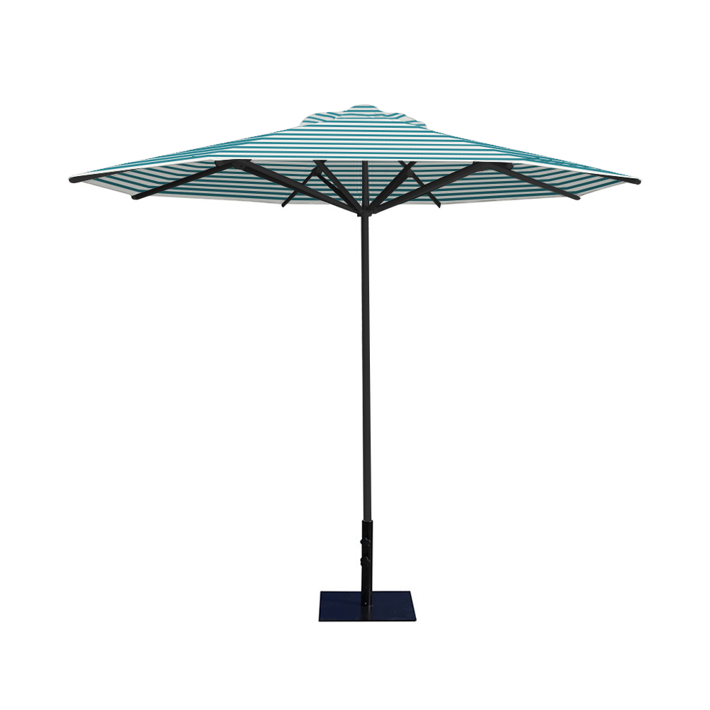10' Saville octagonal umbrella by Extreme Canopy with turquoise stripe canopy, black frame, and 26lb steel base