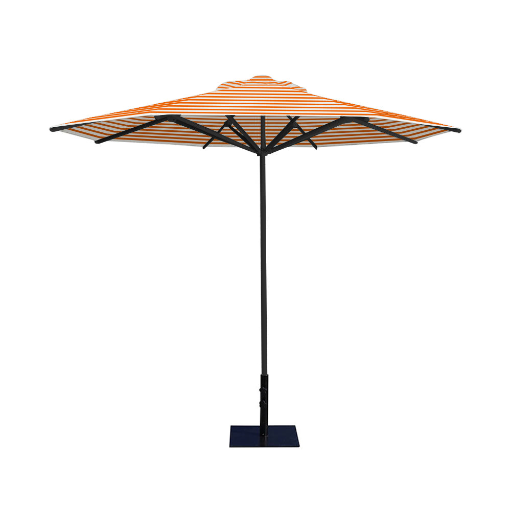 10' Saville octagonal umbrella by Extreme Canopy with orange stripe canopy, black frame, and 26lb steel base