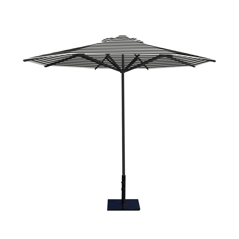 10' Saville octagonal umbrella by Extreme Canopy with black stripe canopy, black frame, and 50lb steel base