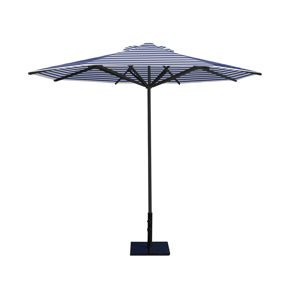 10' Saville octagonal umbrella by Extreme Canopy with blue stripe canopy, black frame, and 50lb steel base
