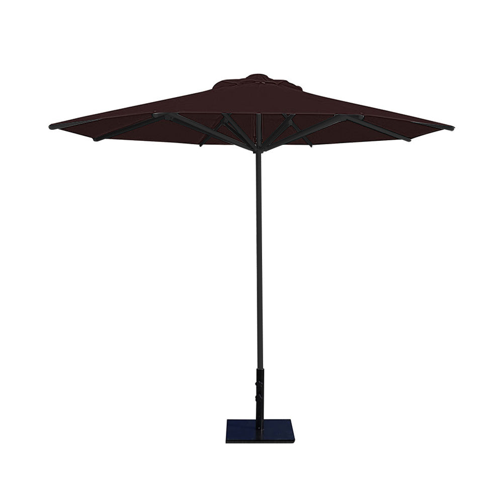 10' Saville octagonal umbrella by Extreme Canopy with brown canopy, black frame, and 50lb steel base