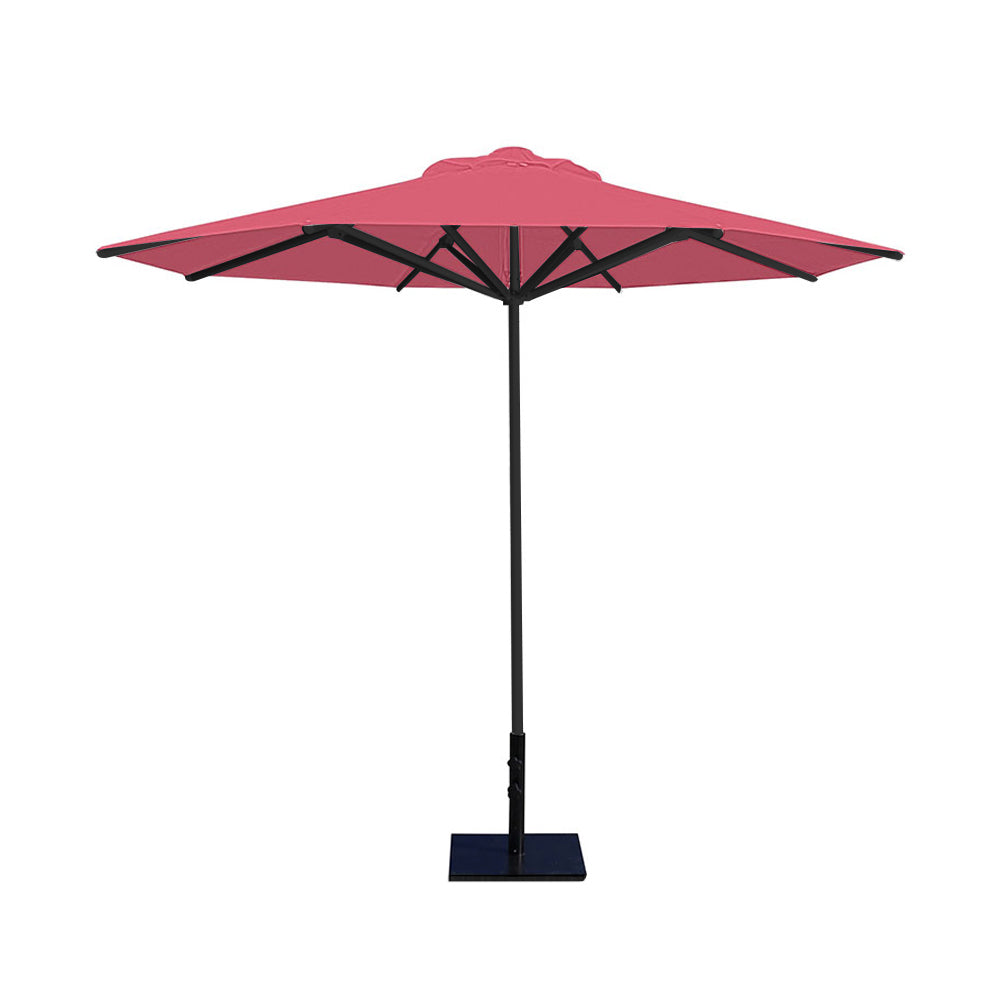 10' Saville octagonal umbrella by Extreme Canopy with coral canopy, black frame, and 50lb steel base