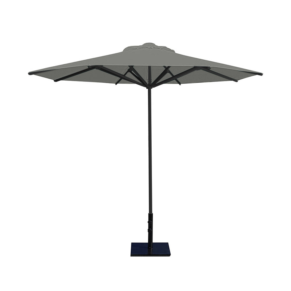 10' Saville octagonal umbrella by Extreme Canopy with gray canopy, black frame, and 50lb steel base