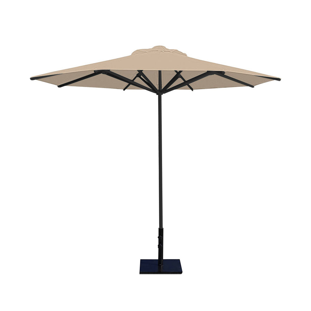 10' Saville octagonal umbrella by Extreme Canopy with linen canopy, black frame, and 50lb steel base