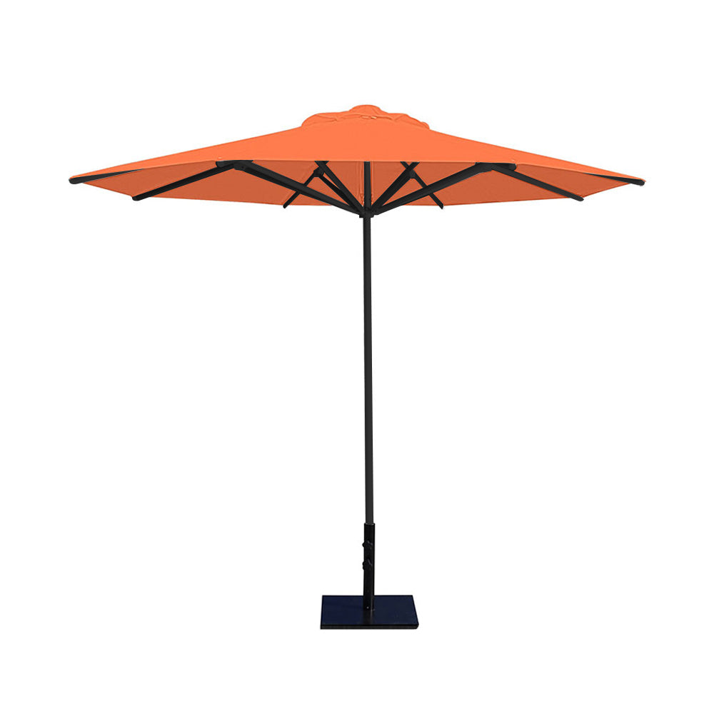 10' Saville octagonal umbrella by Extreme Canopy with orange canopy, black frame, and 50lb steel base