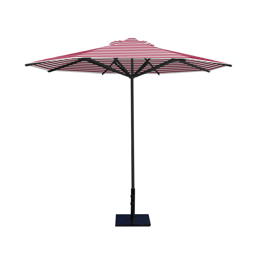 10' Saville octagonal umbrella by Extreme Canopy with red stripe canopy, black frame, and 50lb steel base