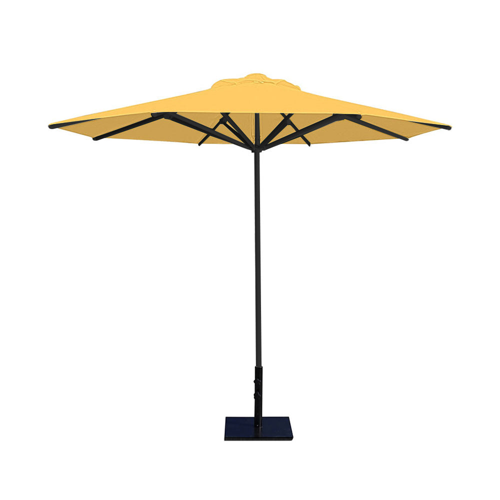 10' Saville octagonal umbrella by Extreme Canopy with sunflower canopy, black frame, and 50lb steel base