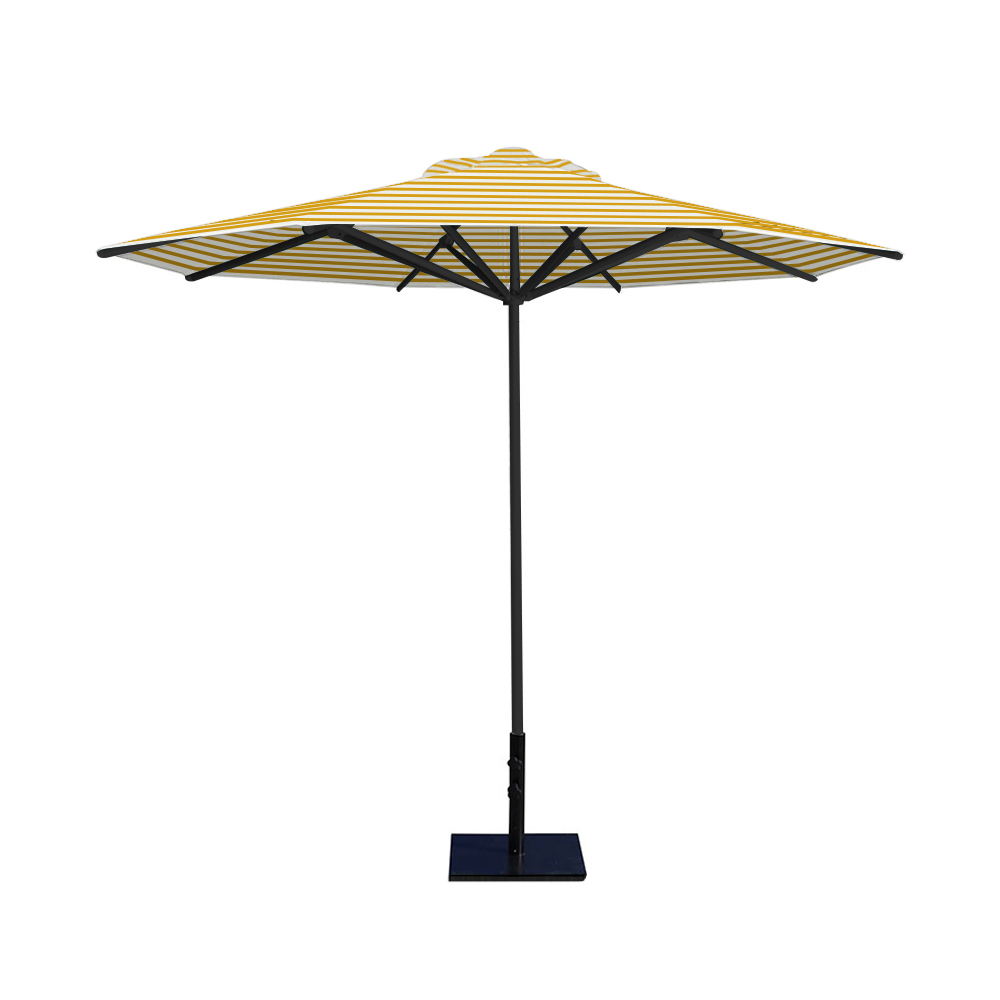 10' Saville octagonal umbrella by Extreme Canopy with sunflower stripe canopy, black frame, and 50lb steel base