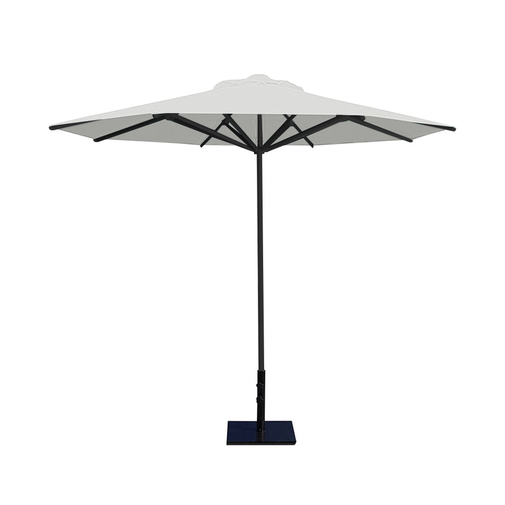 10' Saville octagonal umbrella by Extreme Canopy with white canopy, black frame, and 50lb steel base