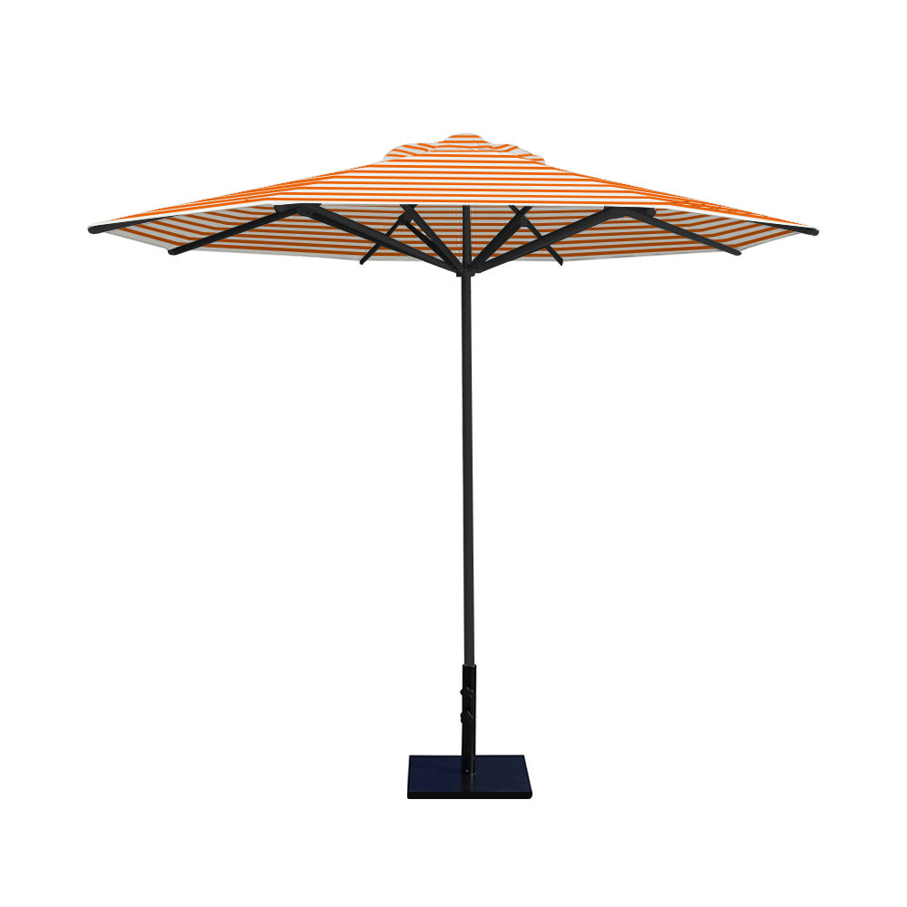 10' Saville octagonal umbrella by Extreme Canopy with orange stripe canopy, black frame, and 50lb steel base