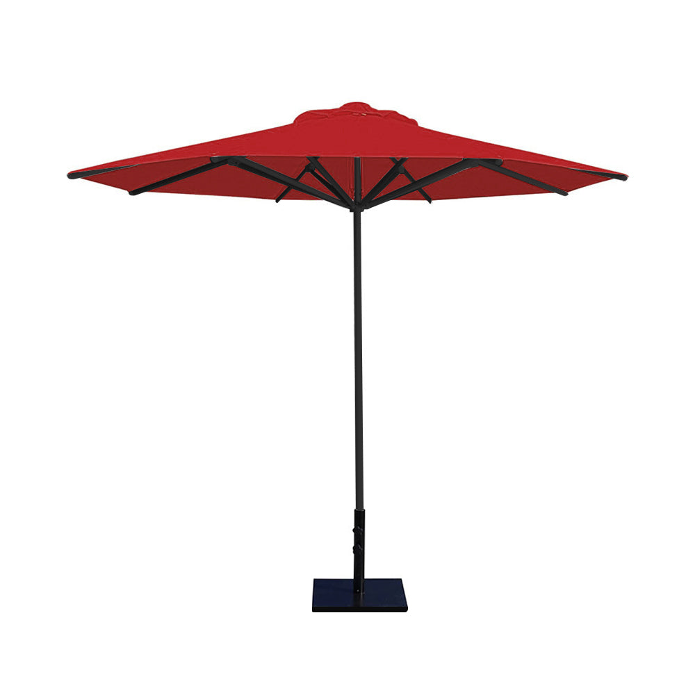10' Saville octagonal umbrella by Extreme Canopy with red canopy, black frame, and 50lb steel base