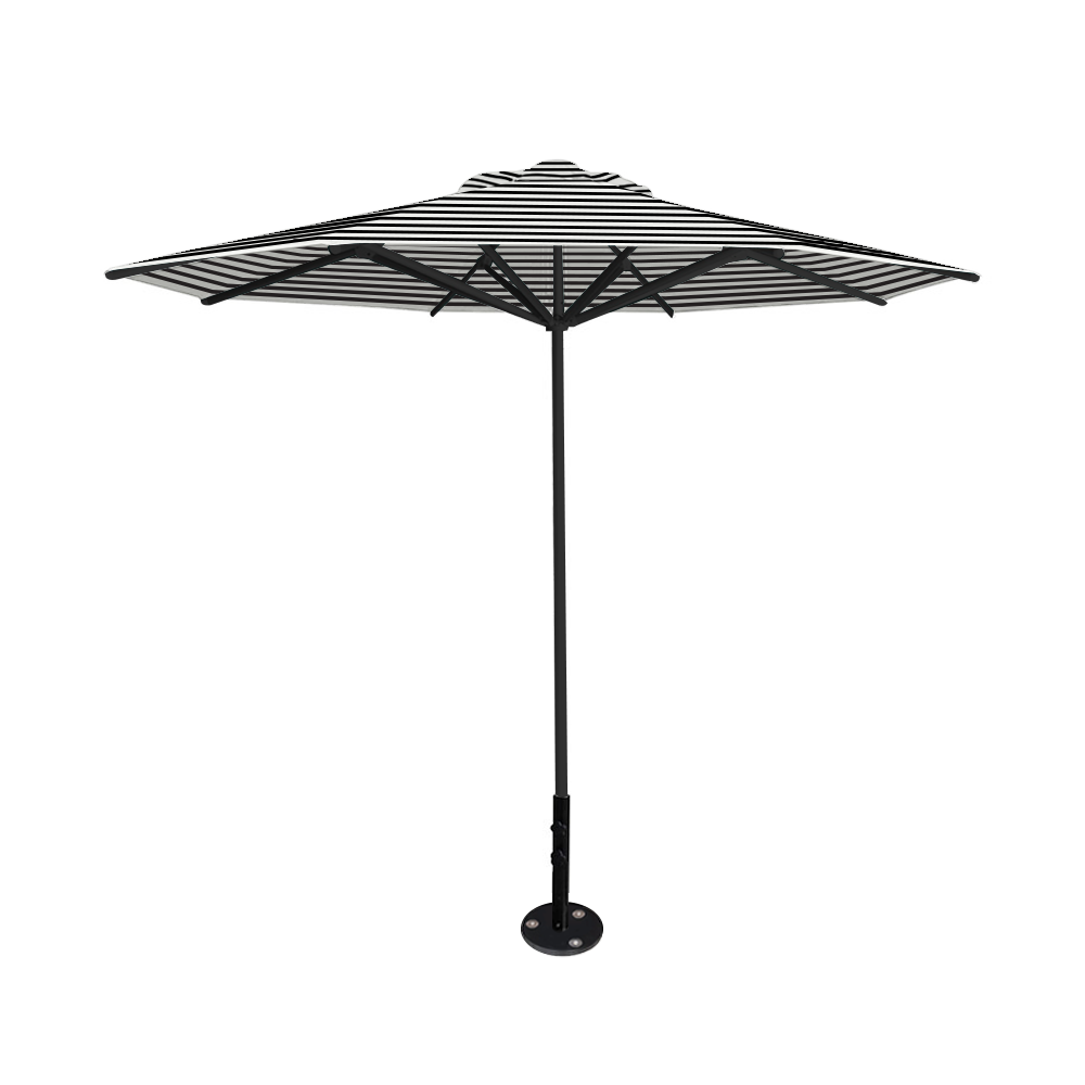 10' Saville octagonal umbrella by Extreme Canopy with black stripe canopy, black frame, and inground base plate