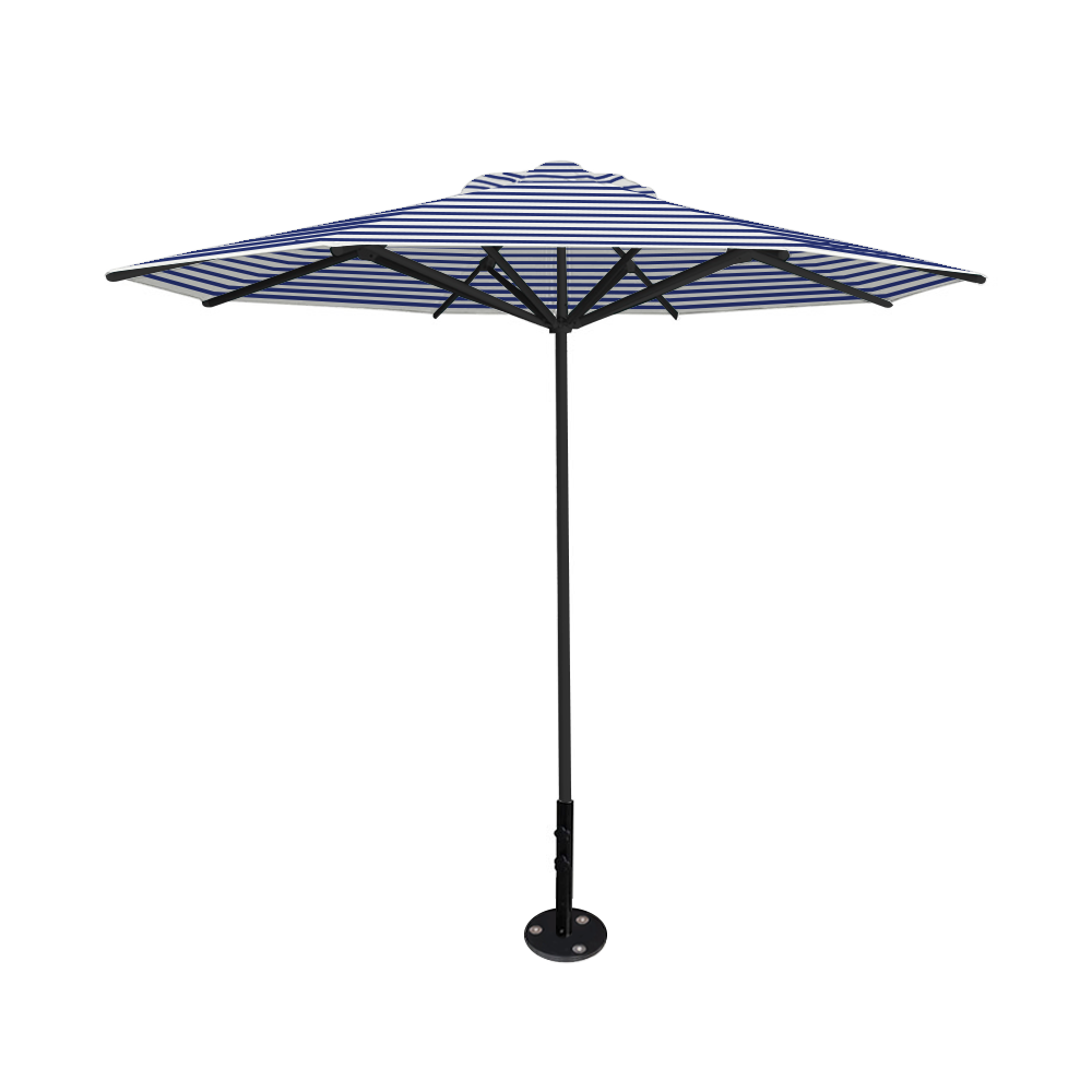 10' Saville octagonal umbrella by Extreme Canopy with blue stripe canopy, black frame, and inground base plate