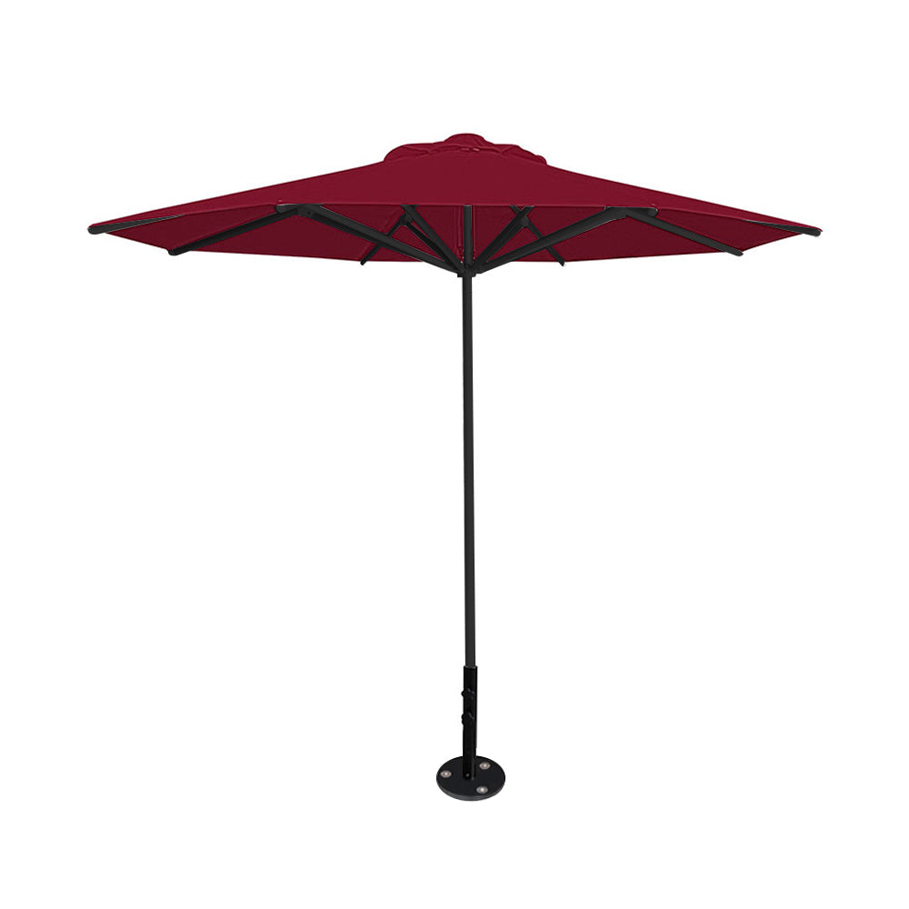10' Saville octagonal umbrella by Extreme Canopy with burgundy canopy, black frame, and inground base plate