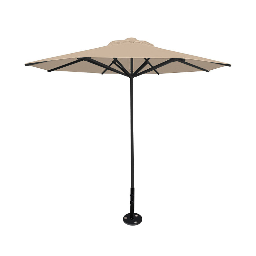 10' Saville octagonal umbrella by Extreme Canopy with linen canopy, black frame, and inground base plate
