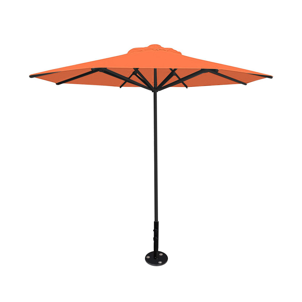 10' Saville octagonal umbrella by Extreme Canopy with orange canopy, black frame, and inground base plate