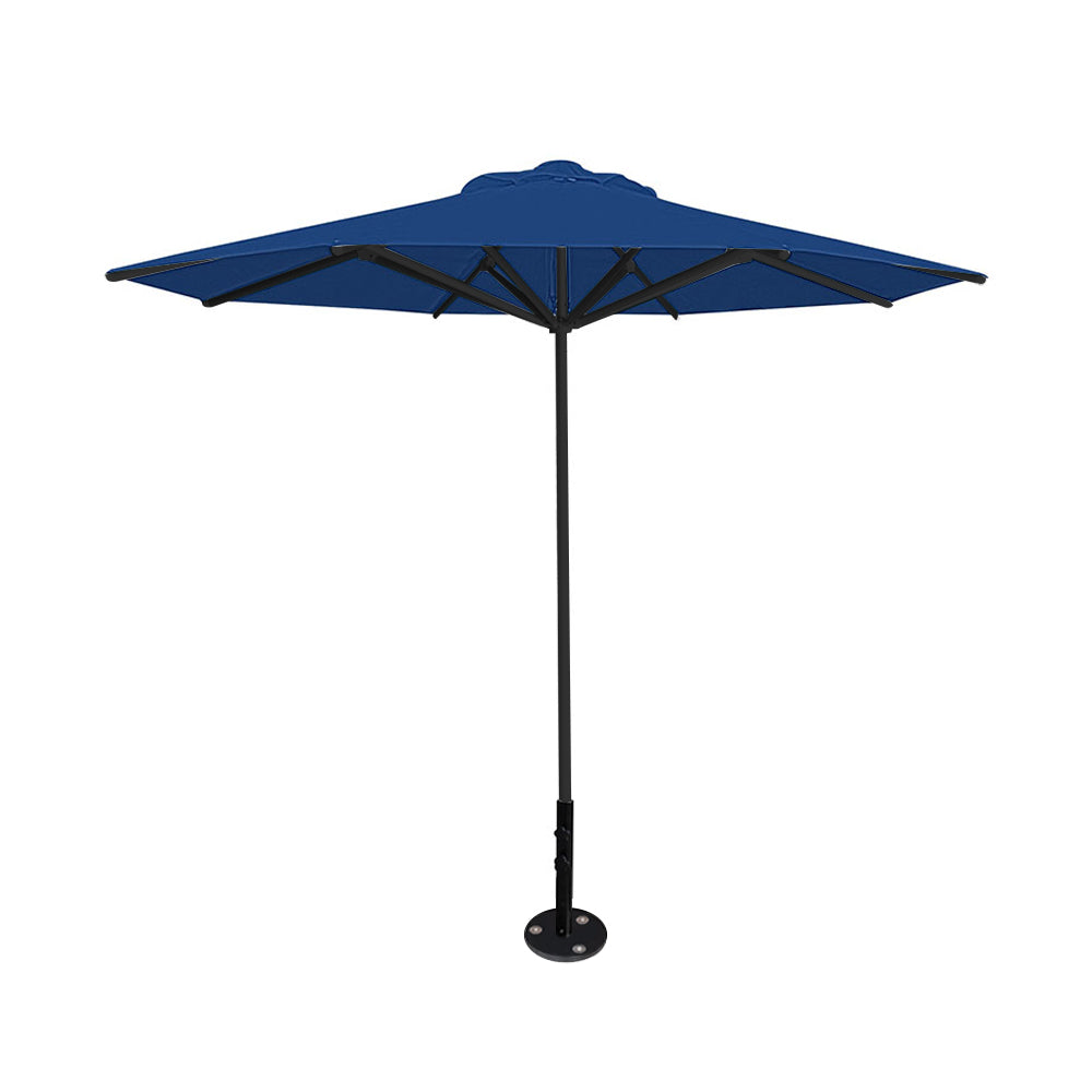 10' Saville octagonal umbrella by Extreme Canopy with pacific blue canopy, black frame, and inground base plate