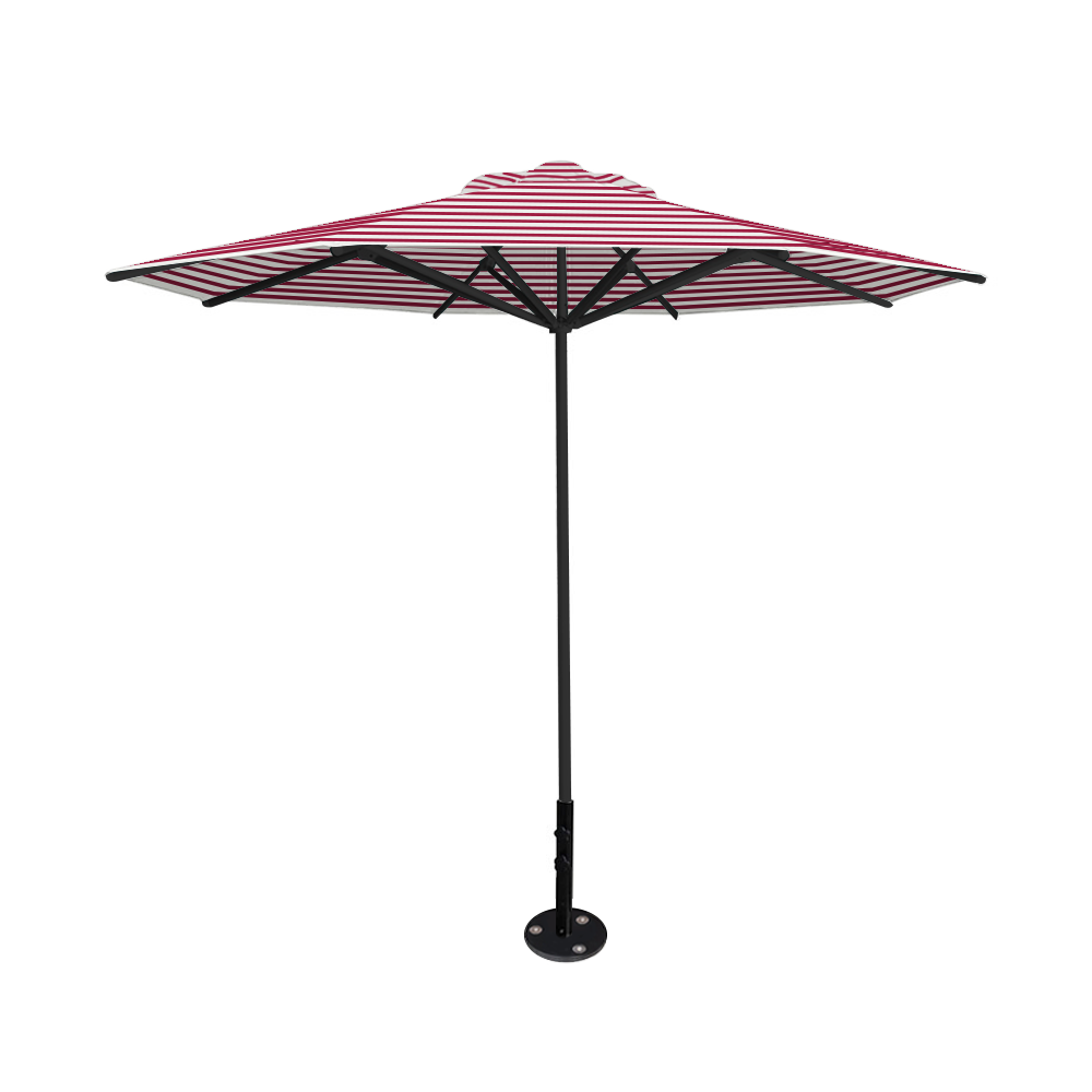 10' Saville octagonal umbrella by Extreme Canopy with red stripe canopy, black frame, and inground base plate