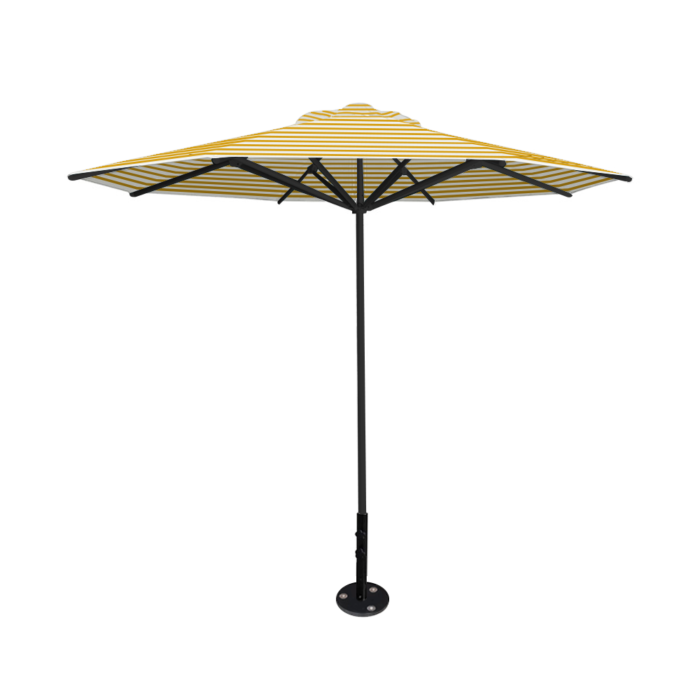 10' Saville octagonal umbrella by Extreme Canopy with sunflower stripe canopy, black frame, and inground base plate