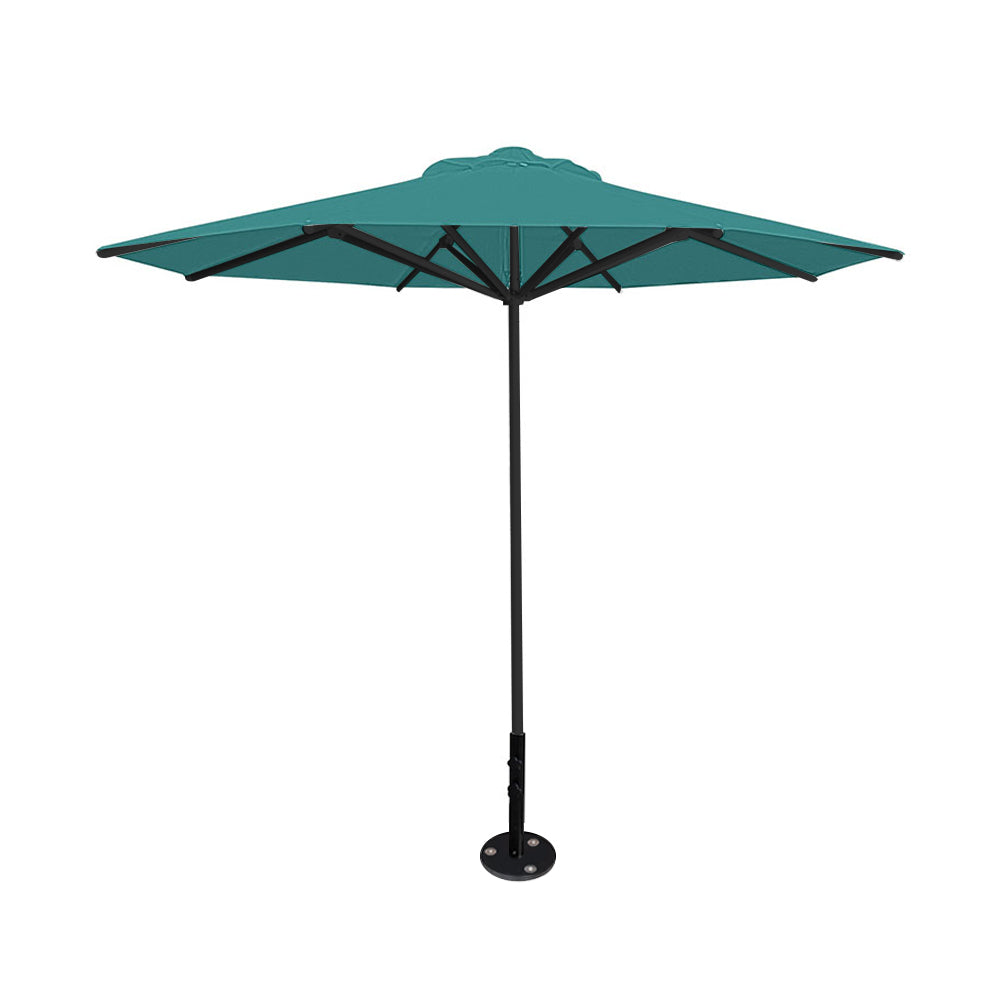 10' Saville octagonal umbrella by Extreme Canopy with turquoise canopy, black frame, and inground base plate