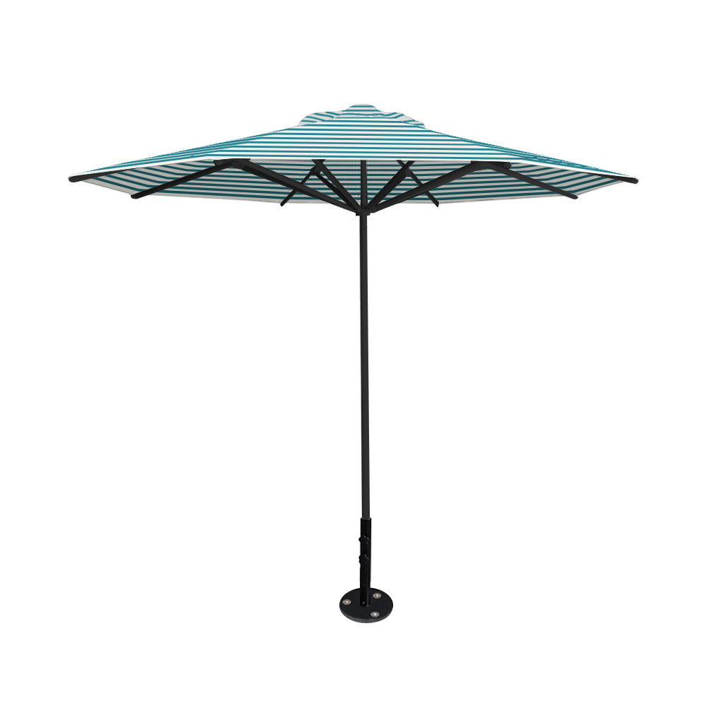 10' Saville octagonal umbrella by Extreme Canopy with turquoise stripe canopy, black frame, and inground base plate