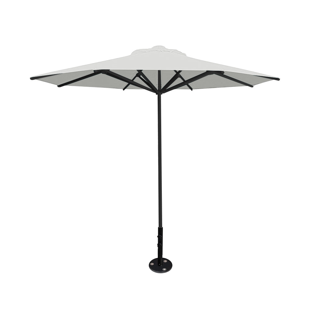 10' Saville octagonal umbrella by Extreme Canopy with white canopy, black frame, and inground base plate