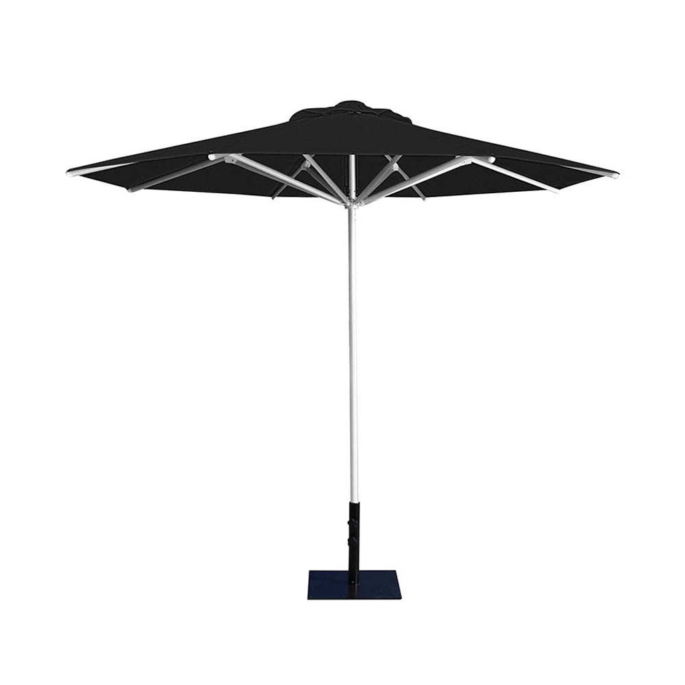 10' Saville octagonal umbrella by Extreme Canopy with black canopy, silver frame, and 26lb base plate