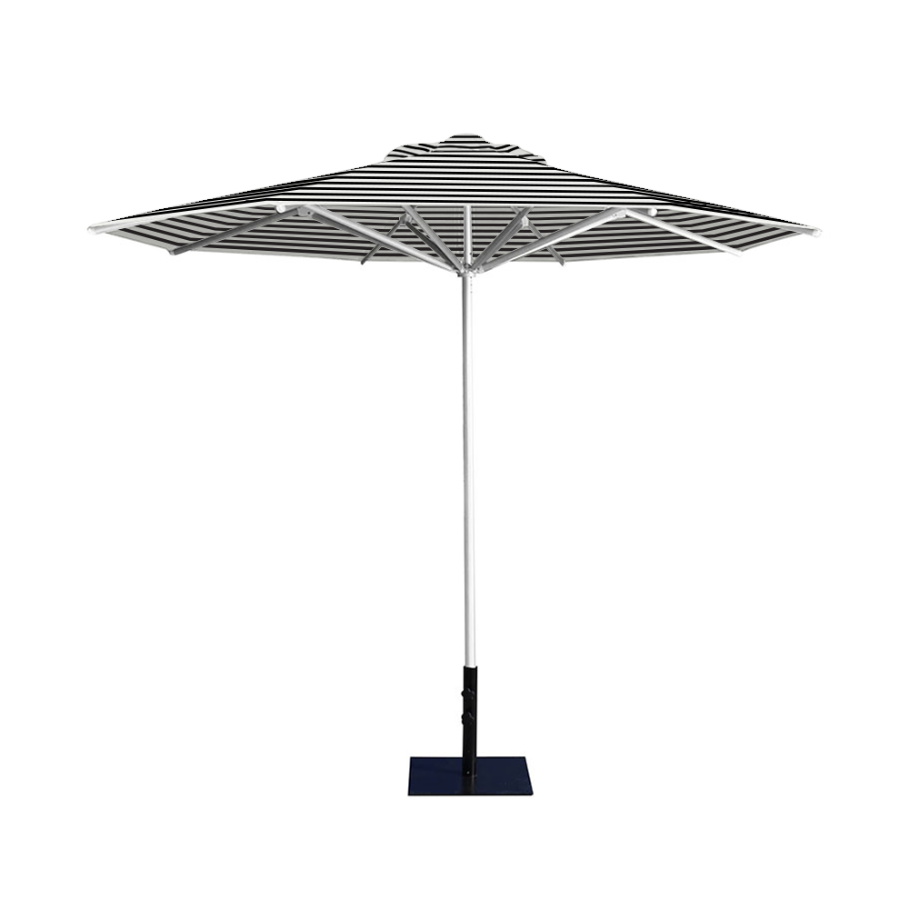 10' Saville octagonal umbrella by Extreme Canopy with black stripe canopy, silver frame, and 26lb base plate