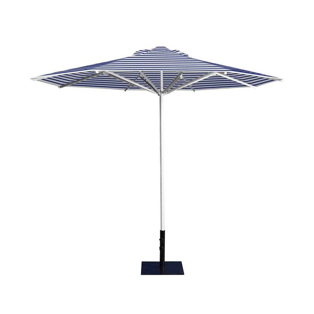 10' Saville octagonal umbrella by Extreme Canopy with blue stripe canopy, silver frame, and 26lb base plate