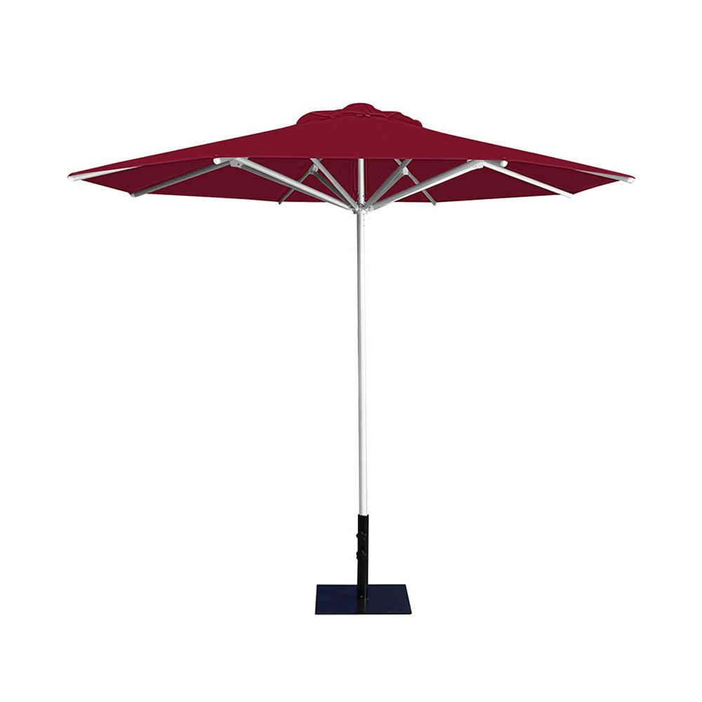 10' Saville octagonal umbrella by Extreme Canopy with burgundy canopy, silver frame, and 26lb base plate