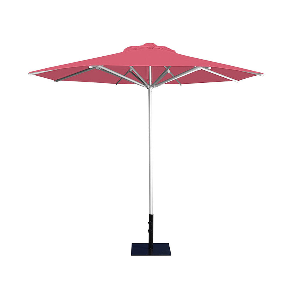 10' Saville octagonal umbrella by Extreme Canopy with coral canopy, silver frame, and 26lb base plate