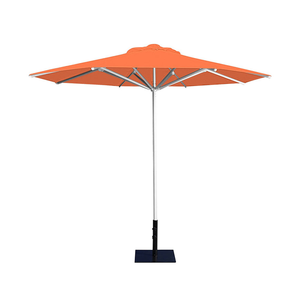 10' Saville octagonal umbrella by Extreme Canopy with orange canopy, silver frame, and 26lb base plate