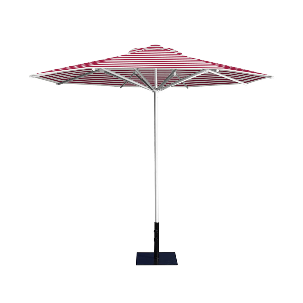 10' Saville octagonal umbrella by Extreme Canopy with red stripe canopy, silver frame, and 26lb base plate