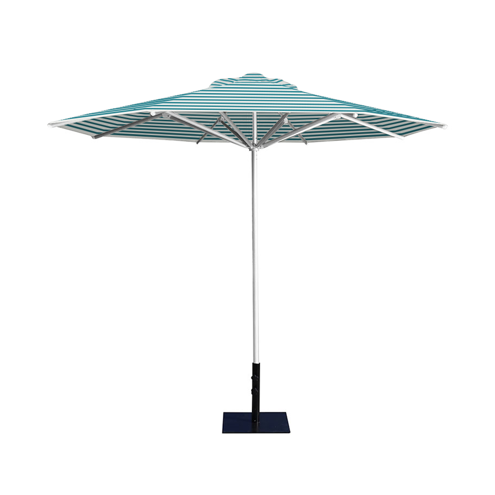 10' Saville octagonal umbrella by Extreme Canopy with turquoise stripe canopy, silver frame, and 26lb base plate