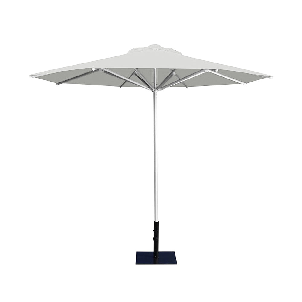 10' Saville octagonal umbrella by Extreme Canopy with white canopy, silver frame, and 26lb base plate