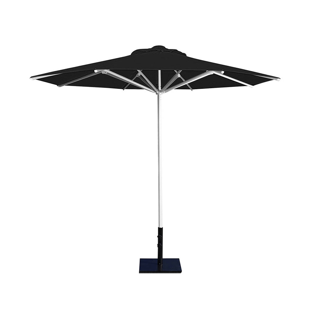 10' Saville octagonal umbrella by Extreme Canopy with black canopy, silver frame, and 50lb base plate