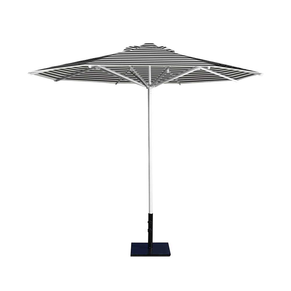 10' Saville octagonal umbrella by Extreme Canopy with black stripe canopy, silver frame, and 50lb base plate